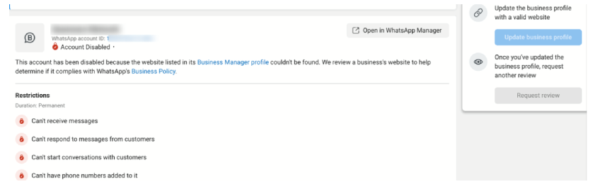 whatsapp account disabled