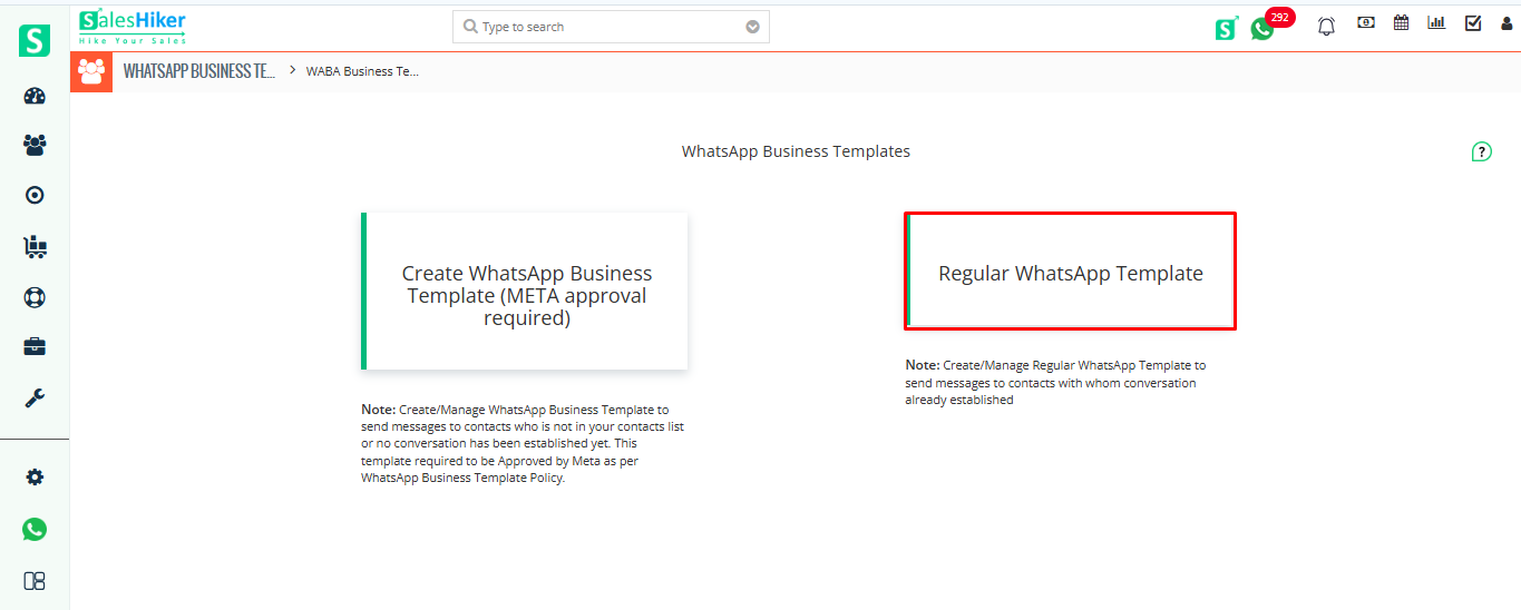 Click on Regular WhatsApp Template widget to add a new template in CRM
