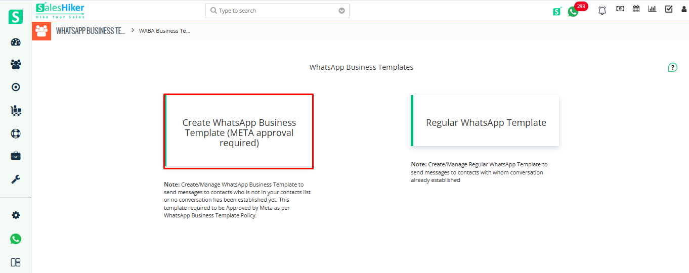 Click Create WhatsApp Business Template widget with Meta approval required in CRM