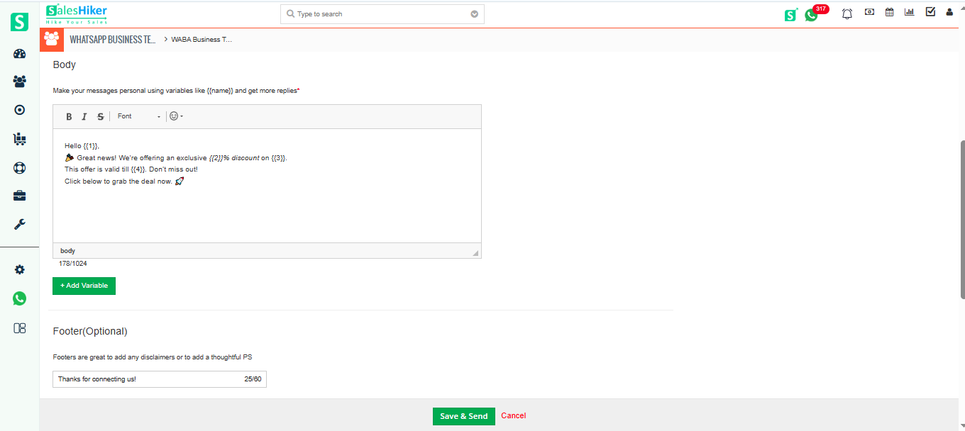 Test area in WhatsApp Business template form where users can write and preview message content in CRM