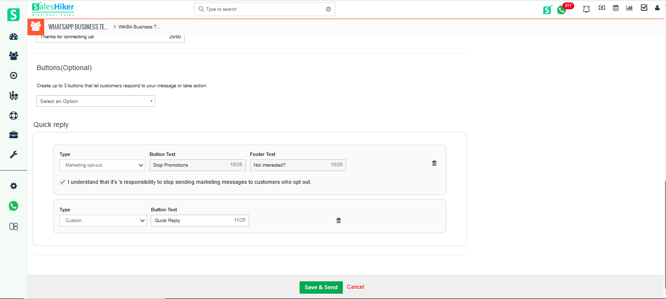 WhatsApp Business template form displaying quick reply options for user interaction in CRM