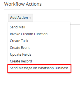 Workflow action selection screen showing Send Message on WhatsApp Business option