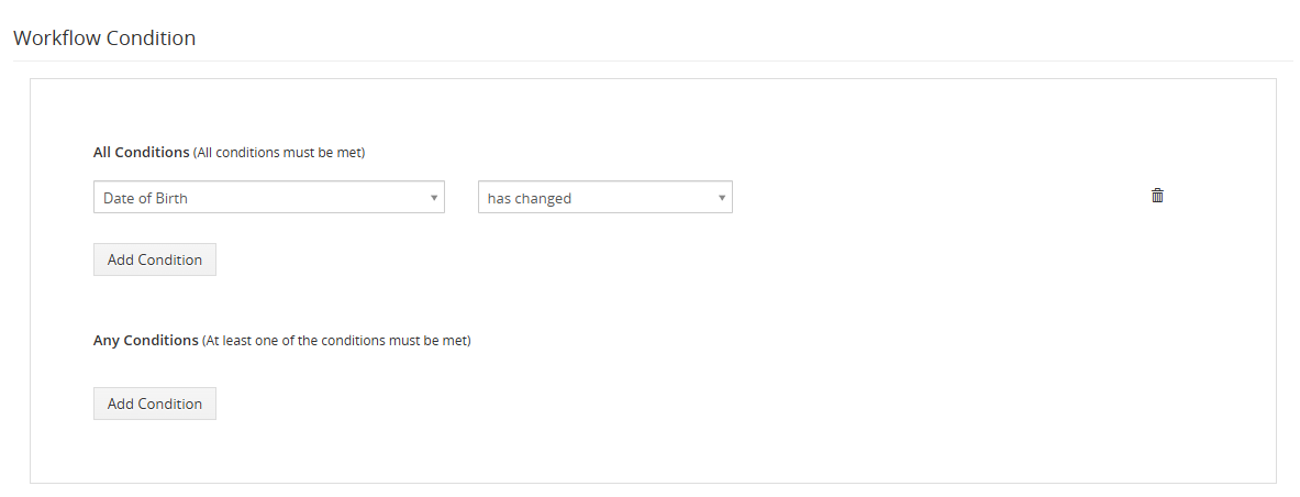 Workflow setup screen showing basic details and trigger conditions configuration