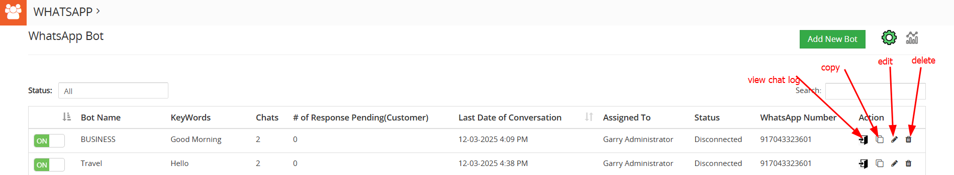 Chatbot list view with action options like edit, delete, chat log, and duplicate