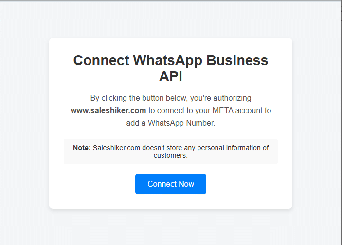 WhatsApp API onboarding page with connect option for setup