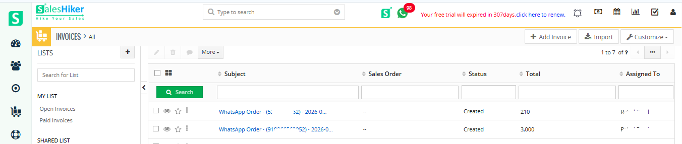 CRM transaction entry created automatically from chatbot product ordering workflow.