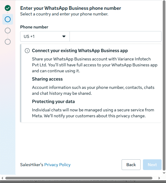 WhatsApp API setup screen for adding active business phone number