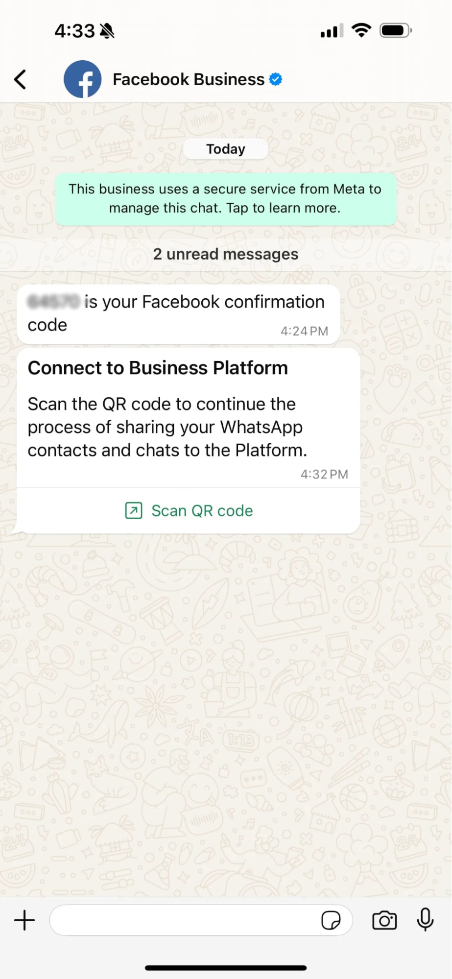 Facebook authentication interface for WhatsApp API setup