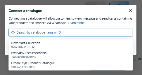 Dropdown menu in WhatsApp Manager for selecting a product catalogue to connect