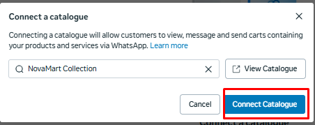 Step to connect a selected product catalogue in WhatsApp Manager
