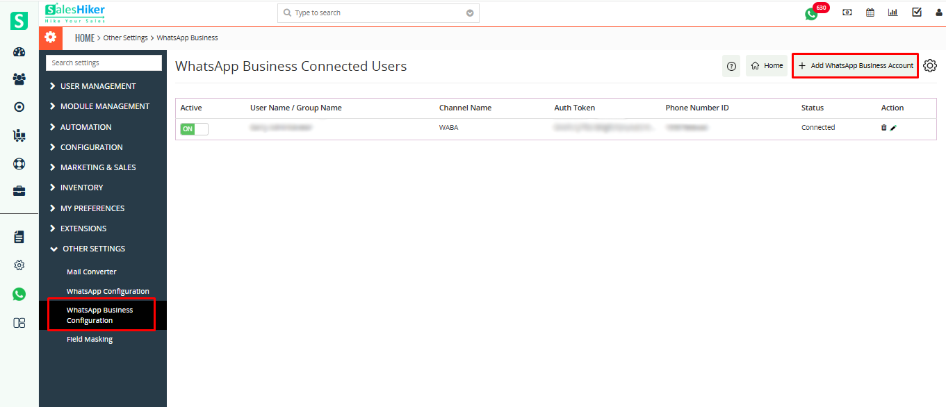 SalesHiker CRM user profile screen with dashboard interface