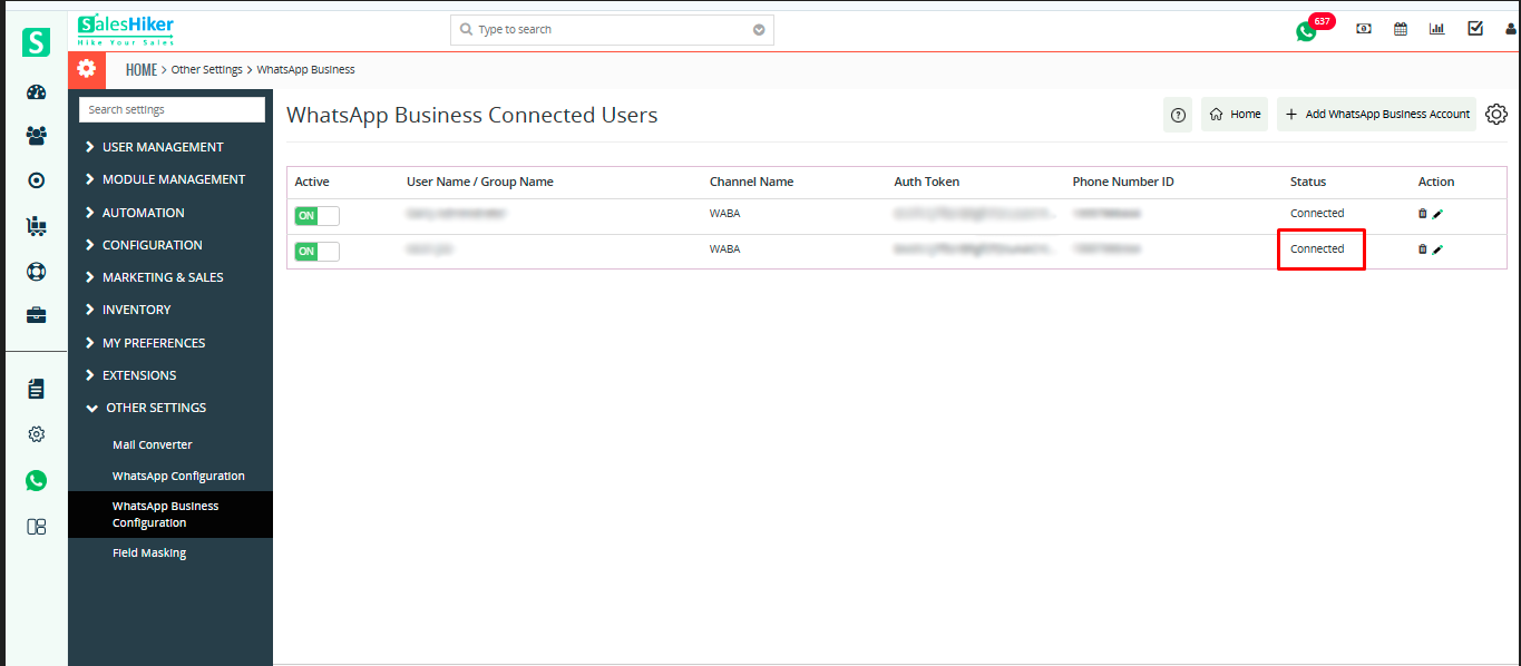 Screen displaying active WhatsApp integration in SalesHiker CRM