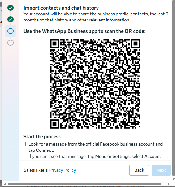 QR code verification step in WhatsApp Business integration process