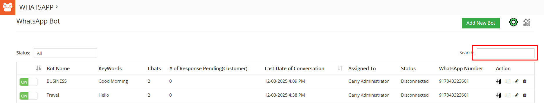 Bot list screen showing search option to filter chatbots