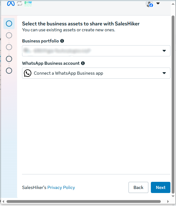 WhatsApp API setup step to choose business account and move forward