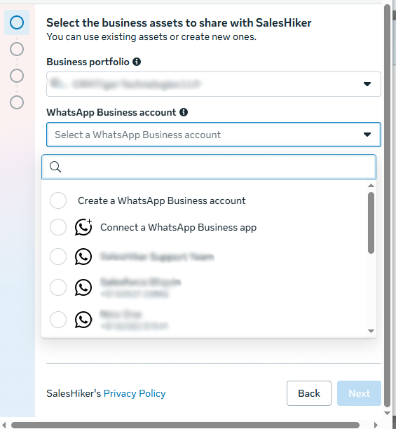 WhatsApp Business API setup screen to choose or create business account