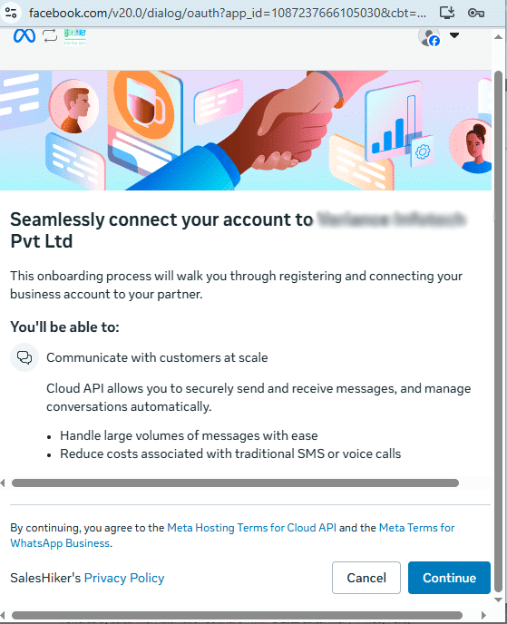 WhatsApp Business API access and permissions page during onboarding
