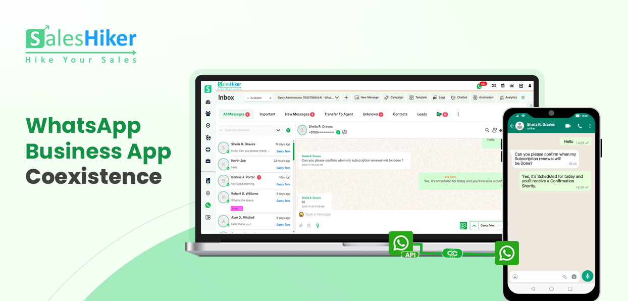 SalesHiker WhatsApp Business coexistence chat dashboard view