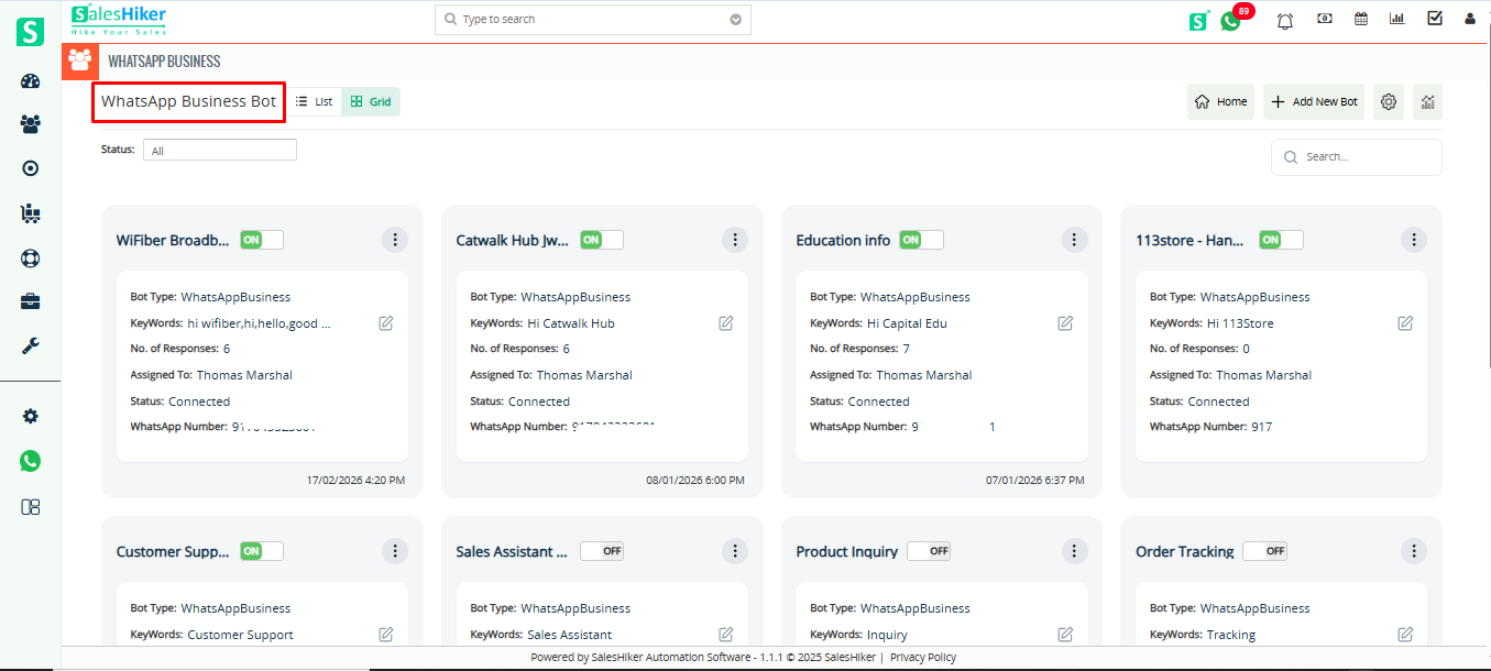 WhatsApp chatbot management dashboard with chatbot list