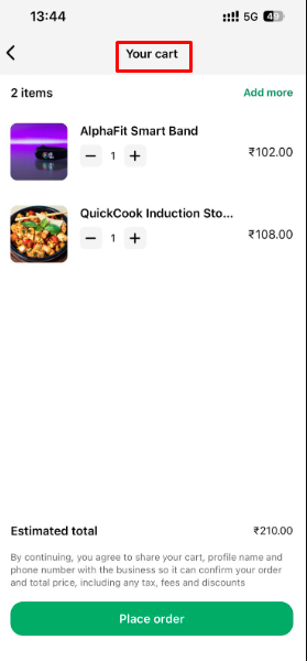 WhatsApp product ordering interface displaying price, quantity input, and cart total calculation