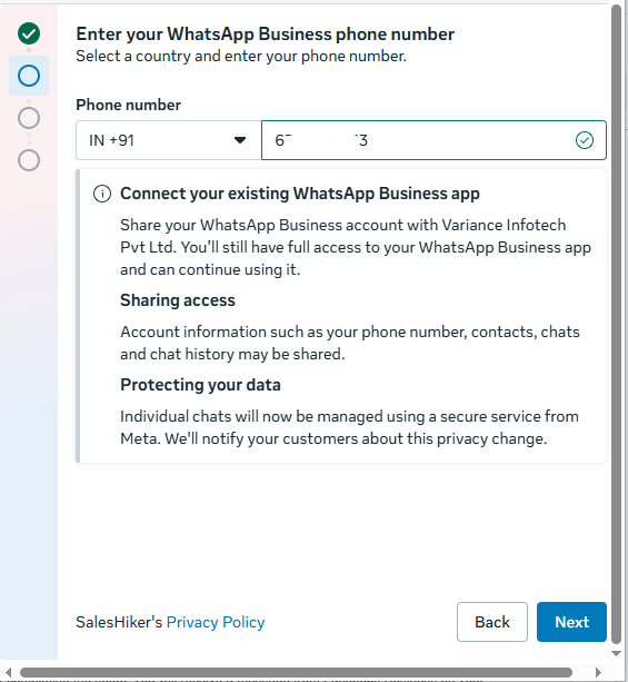 Proceeding to verification after adding WhatsApp phone number