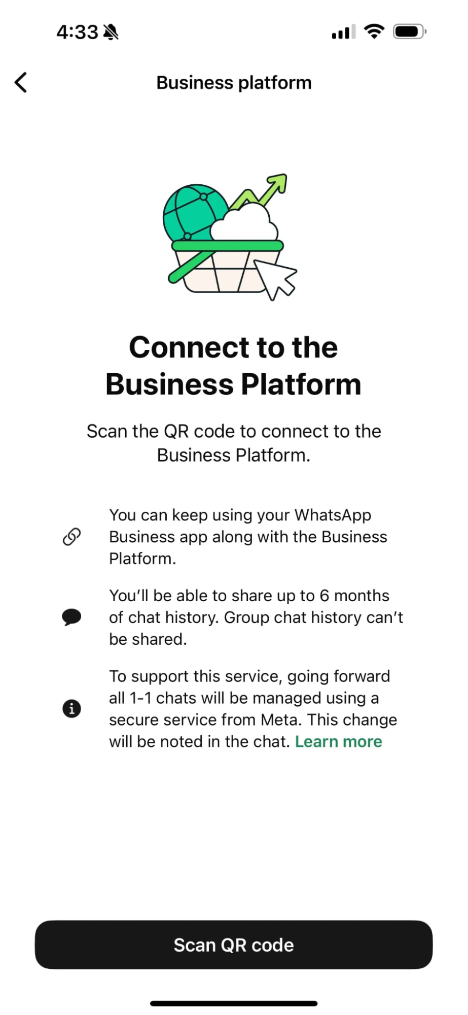 WhatsApp integration step showing QR code authentication screen